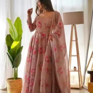 Flower Print Long Gown With Dupatta (No Bottomwear)