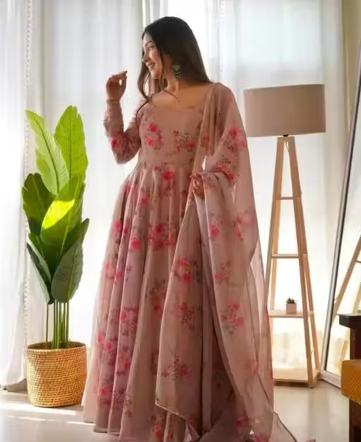 Flower Print Long Gown With Dupatta (No Bottomwear)