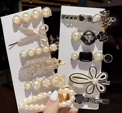 TR CREATION Korean Fashion Style Pearl Rhinestone Metal Hair Clips Hair Pin Stylish Hair Accessories Jewellery For Women’s And Girls, Black And White 11 Count (Pack of 1)