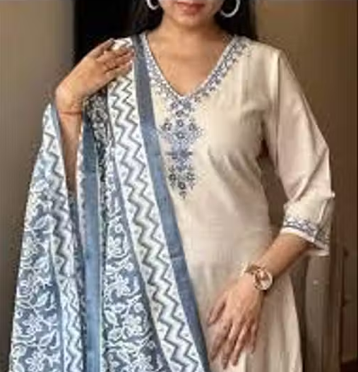 Women Cotton Ethnic Embroidery Top Pant And Dupatta Set