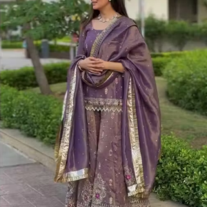 New Designer Party Wear Pure Twil Gold Net Top, Palazzo & Dupatta Set